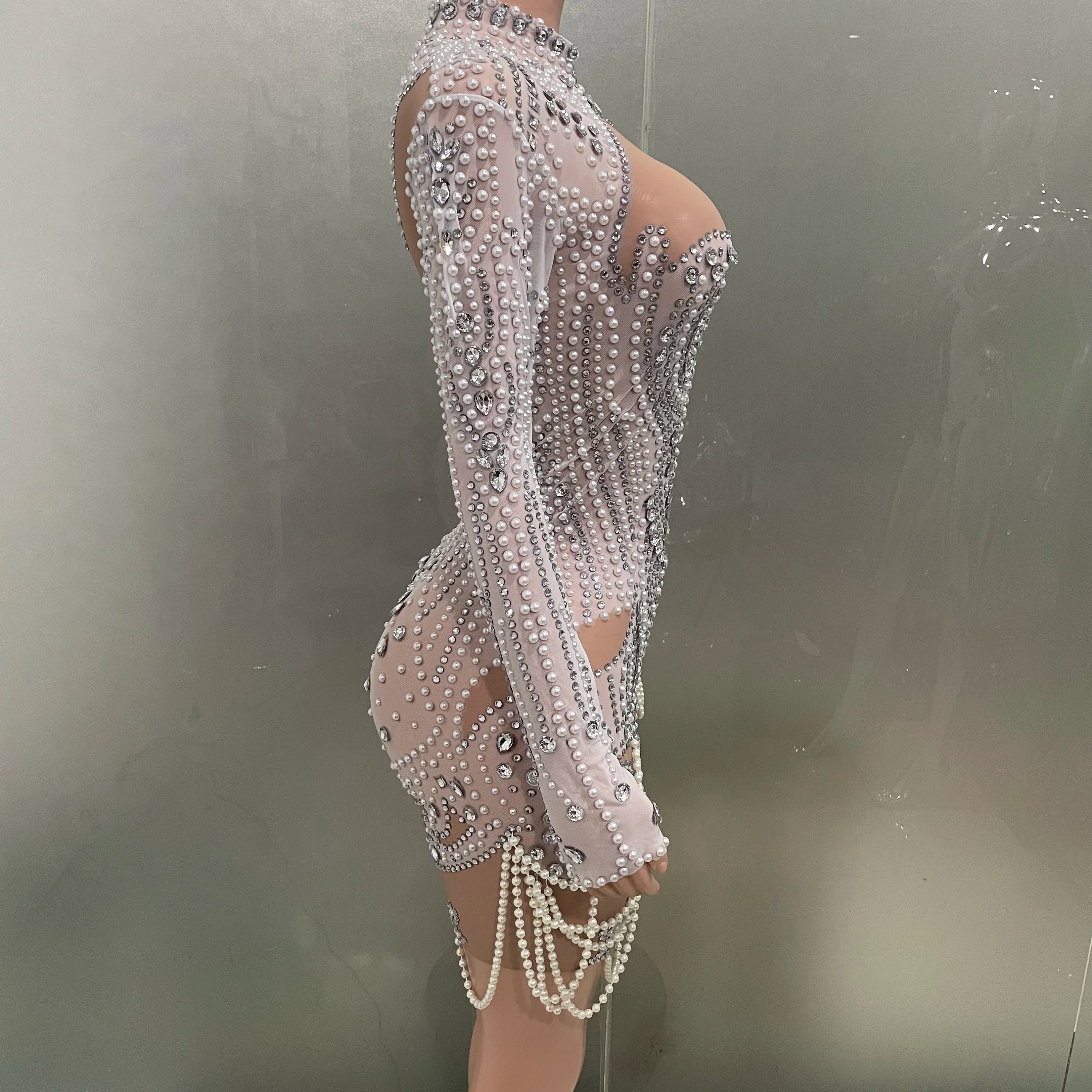 STOCK White Color Women Long Sleeve Sexy Mesh Beading Bodycon Mini Dress High Stretch Celebrate Birthday Party Dress