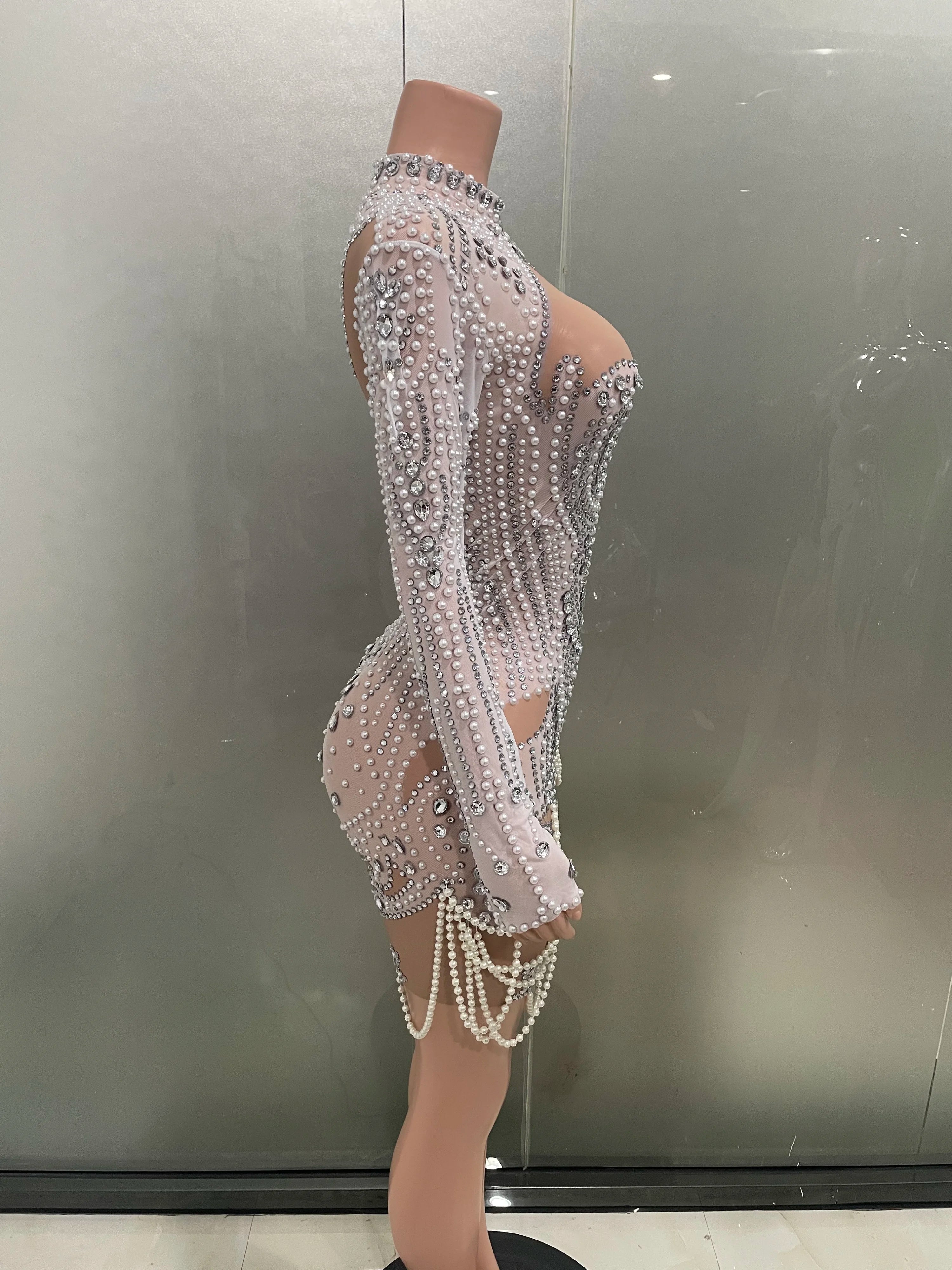 STOCK White Color Women Long Sleeve Sexy Mesh Beading Bodycon Mini Dress High Stretch Celebrate Birthday Party Dress