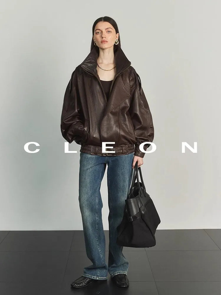 Lautaro Autumn Brown Oversized Pu Leather Moto & Biker Jacket Women Long Sleeve Zippper High Quality American Retro Clothing