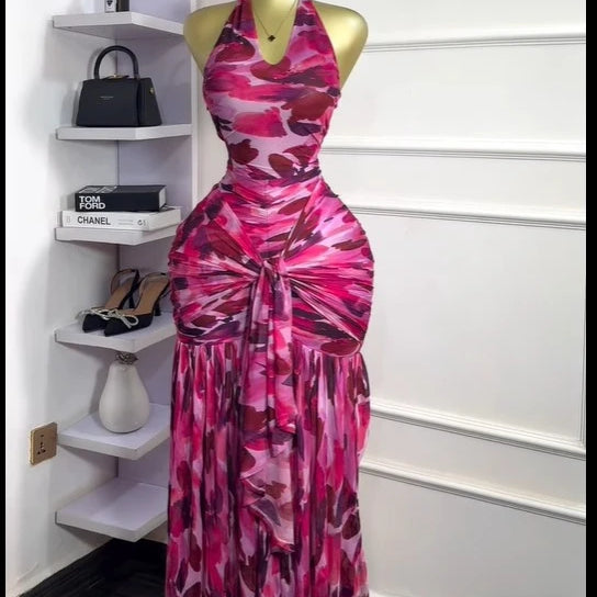 CM.YAYA Women Halter Neck Backless Ruched Stacked Sleeveless Mesh Long Maxi Dress 2025 Birthday Even Sexy Party Dresses Vestidos