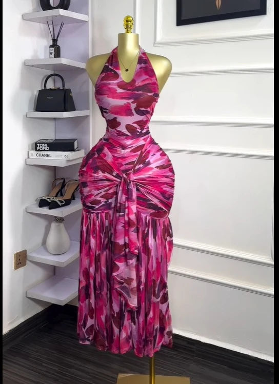 CM.YAYA Women Halter Neck Backless Ruched Stacked Sleeveless Mesh Long Maxi Dress 2025 Birthday Even Sexy Party Dresses Vestidos