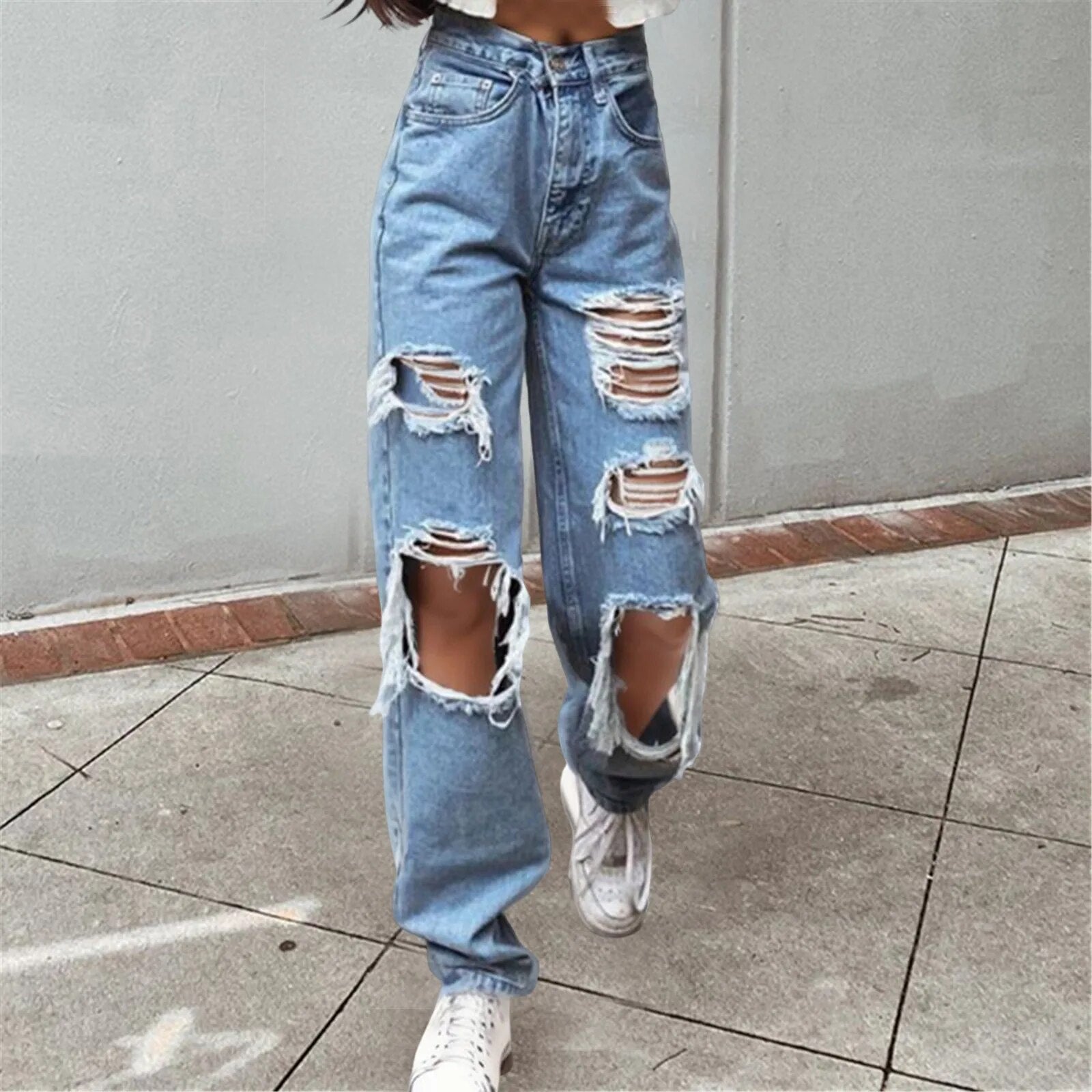 Sexy Ripped Jeans Women Fashion Blue Hole Straight Leg Trousers Y2K Hollow Cargo Pants Distressed Vintage Female Denim Trousers