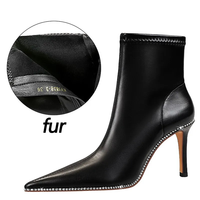 Shoes Leather Boots Women Ankle Boots Autumn Winter Boots Women High Heels Short Boots Ladies Booties Chaussures Femme 3-blackfur7.5cm