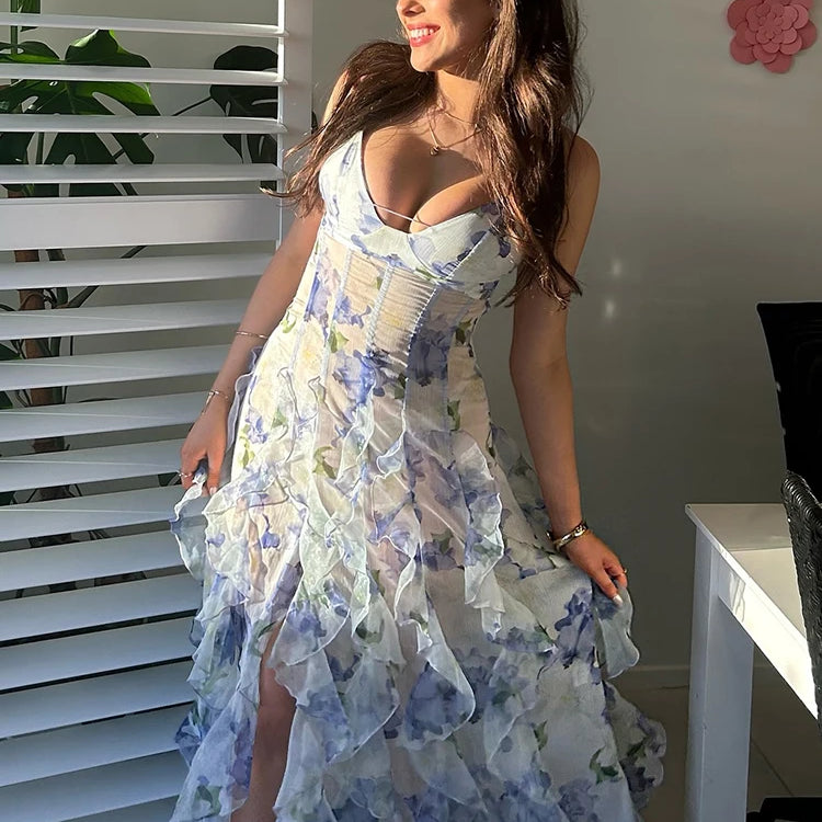 Colorful Floral Printing Beach Long Dresses Summer Chic Spaghetti Straps Backless Princess Fairy Maxi Dress Vestidos