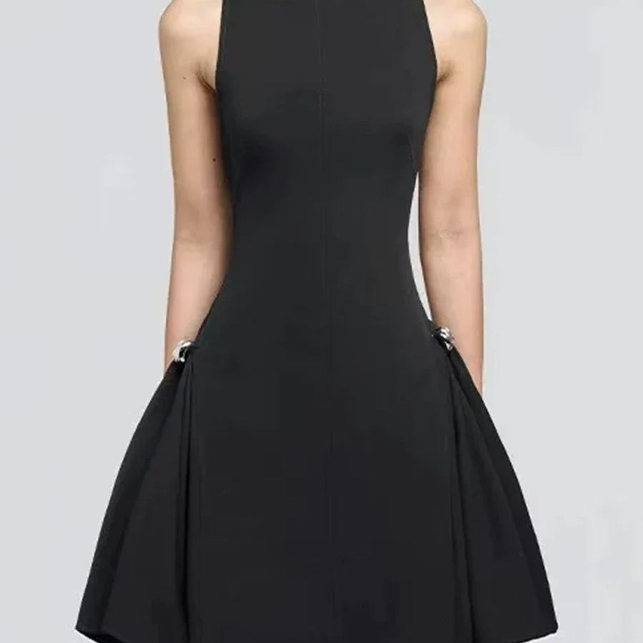 Solid Slimming Elegant Mini Dresses for Women Round Neck Sleeveless Patchwork Folds Tunic Dress Female Clothing New BLACK