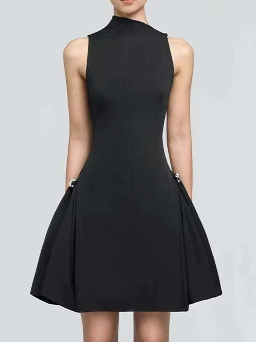 Solid Slimming Elegant Mini Dresses for Women Round Neck Sleeveless Patchwork Folds Tunic Dress Female Clothing New BLACK