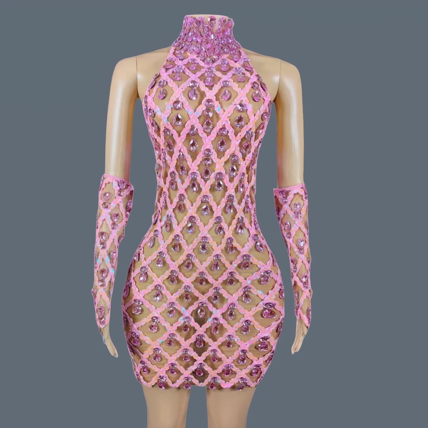 Sparkly Sequins Crystals Summer Mini Dress Sexy Sleeveless See Through Mesh Women Party Dress Event Singer Show Wear Shaokaojia Pink One Size