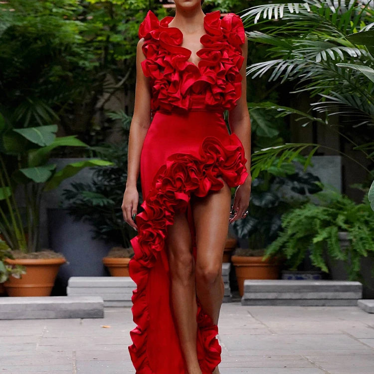 Women Sets Streetwear 2 Two-piece Suits Sexy Beach Holiday Ruffles Asymmetrical V-neck Bodysuit+Long Skirts Bikinis Sets