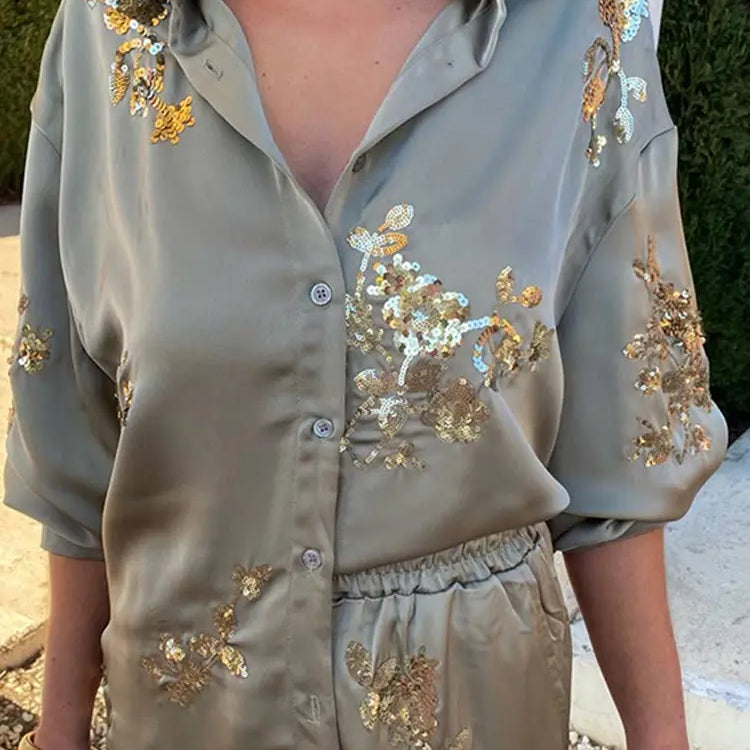 Fashion Print Sequin Shirt 2 Piece Sets For Women Loose Lapel Long Sleeves Top Wide Leg Pants Suits Lady Elegant Outfits
