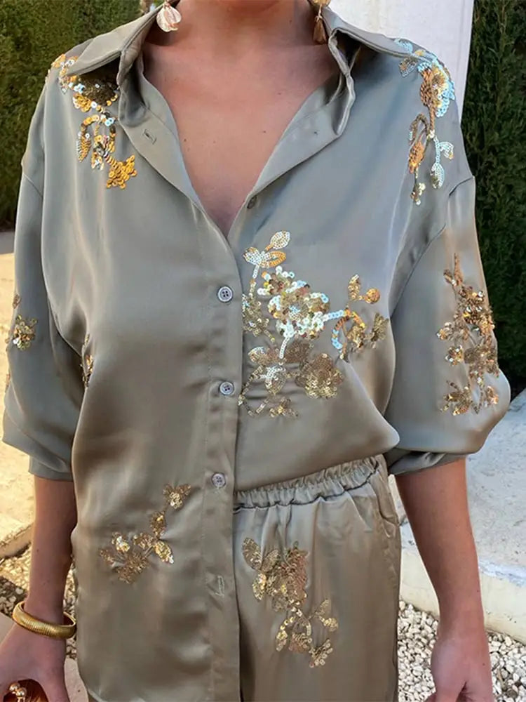 Fashion Print Sequin Shirt 2 Piece Sets For Women Loose Lapel Long Sleeves Top Wide Leg Pants Suits Lady Elegant Outfits