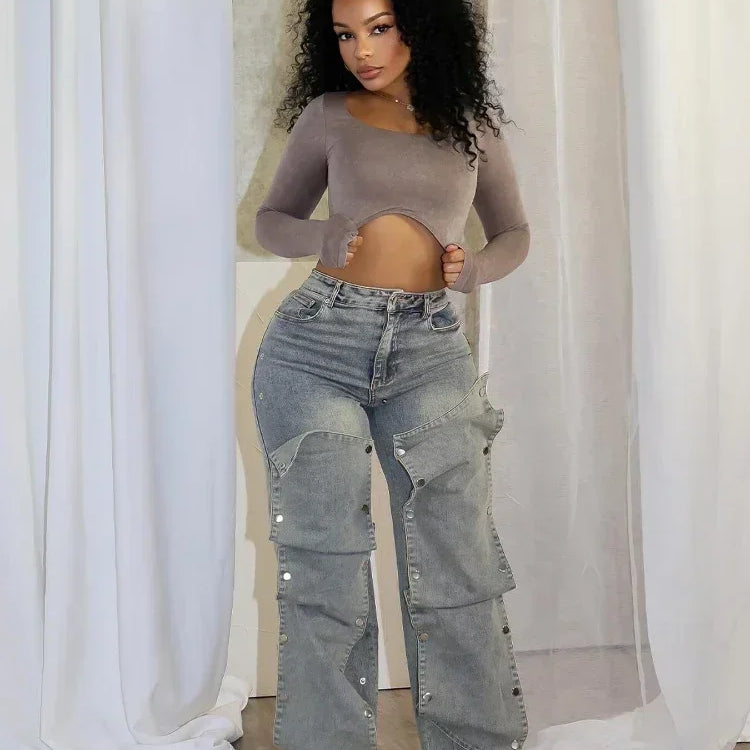 CM.YAYA Women Streetwear Button Cutout Cargo Straight Denim Wide Leg Jeans Pants 2024 INS Elastic Fashion Party Cargo Trousers