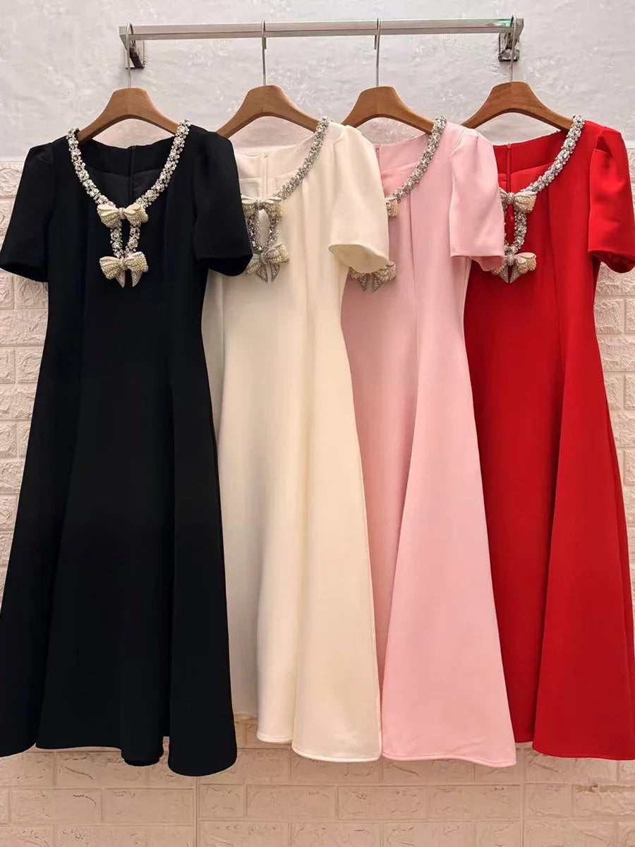 Solid Slimming Spliced Bowknot Elegant Dresses for Women Round Neck Short Sleeves Patchwork Bead Dress Female New