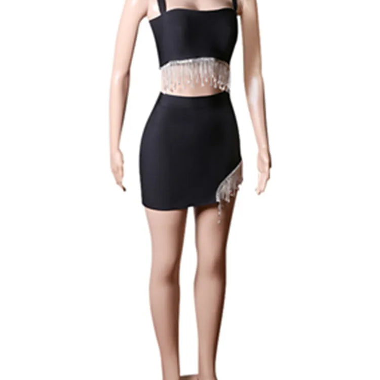 New Summer Women Sexy 2 Pieces Bodycon Mini Dress Diamond Chain Sexy Bar Dancer Club Night Dress Hot Sale