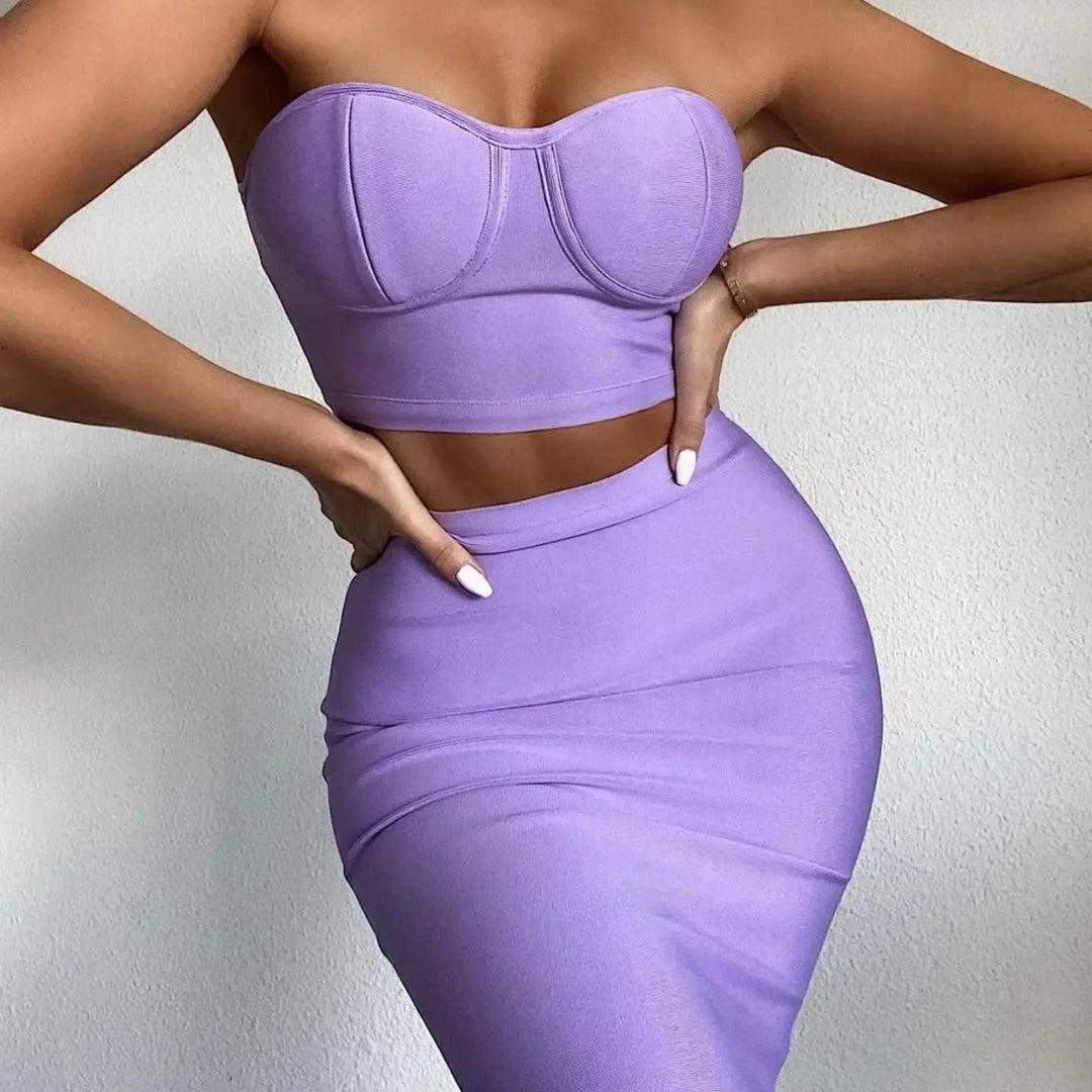 Top Purple Celebrity Two Pieces Set Strapless Knee Length Rayon Bandage Dress Cocktail Party Dress Vestidos Lavender