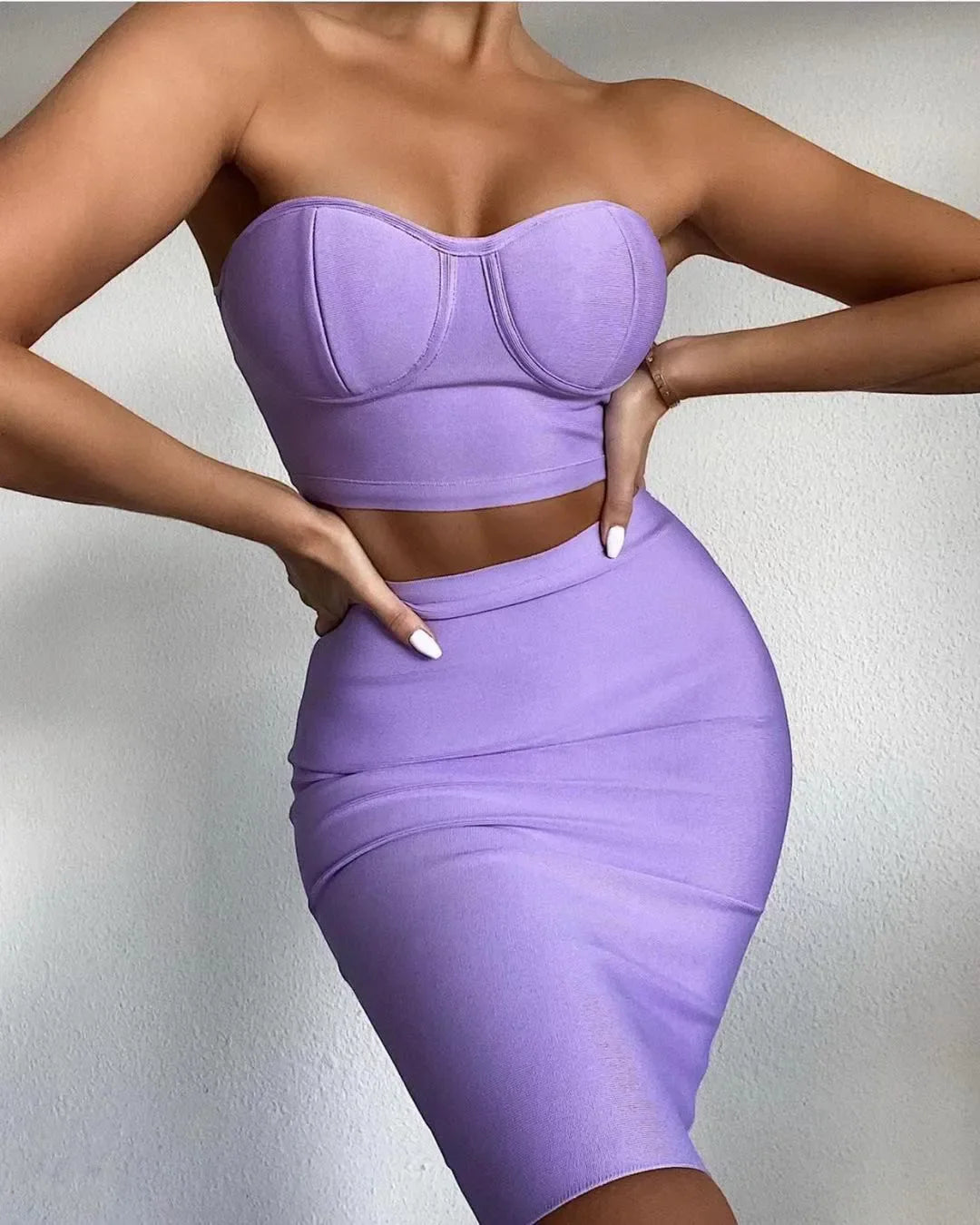 Top Purple Celebrity Two Pieces Set Strapless Knee Length Rayon Bandage Dress Cocktail Party Dress Vestidos Lavender