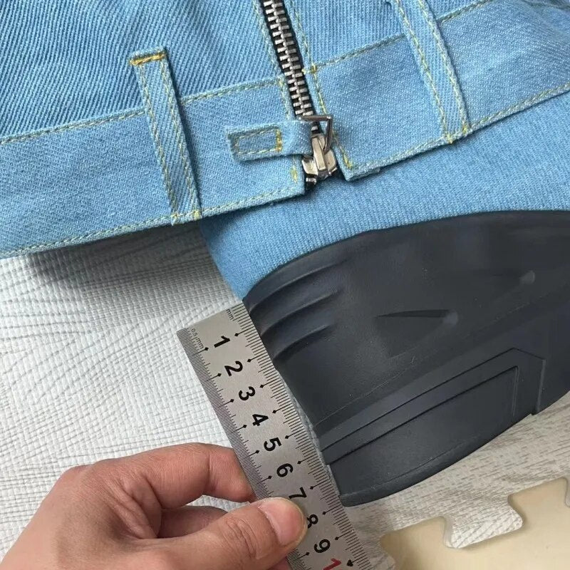 Winter Women's Knee-high Boots Round Toe Platform Wedges Denim Female Shoes Fashion Metal Decoration Boots Woman