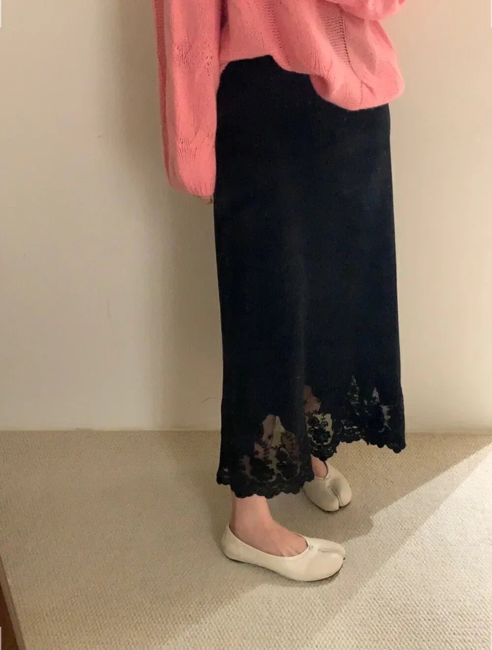 Patchwork Lace Skirts Women Fashion Knitted Jupe 2023 Faldas Mujer De Moda High Waist Tunic Saia Vintage Temperament Long Skirt black One Size