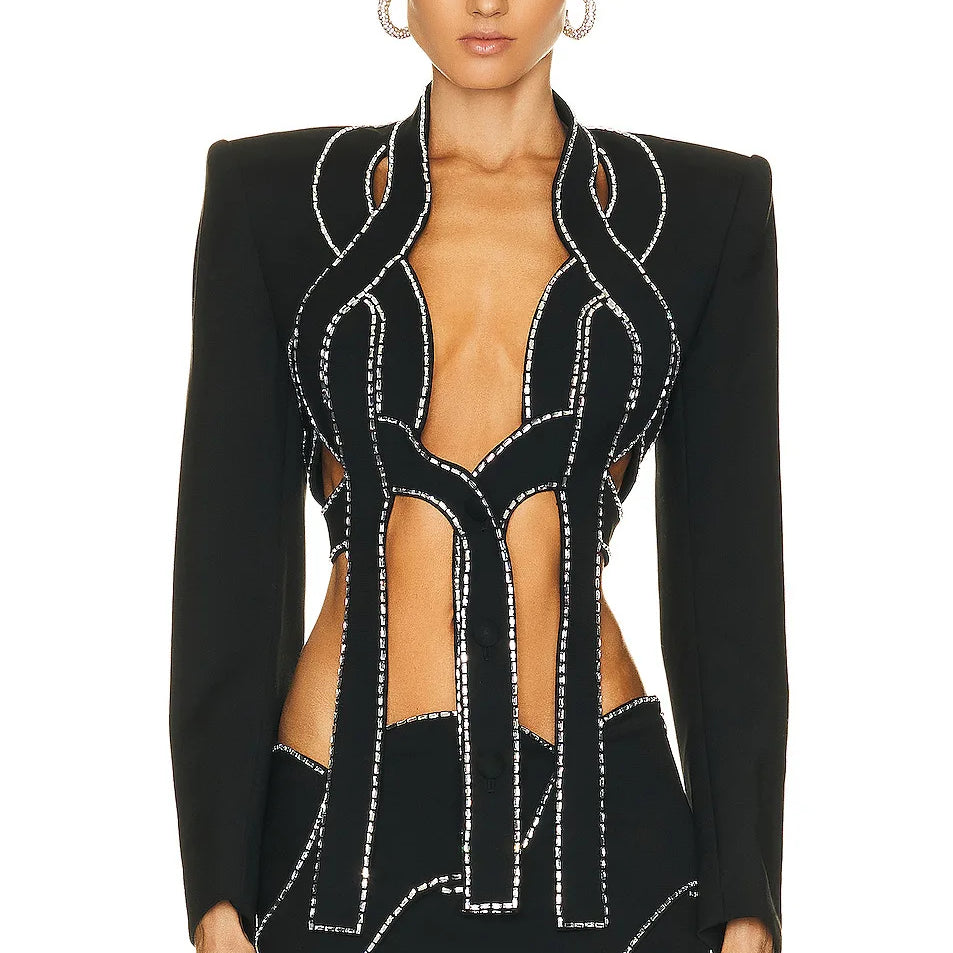 Special Design Suit Woman Set Shining Diamonds Crop Jacket And Mini Dress 2 Pieces Stylish Evening Party Outfit