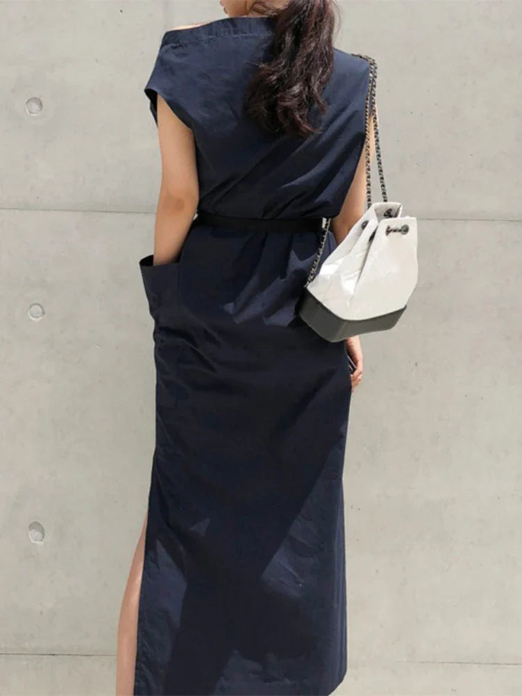 Asymmetrical Sashes Dress For Women Slash Neck Short Sleeve High Waist Casual Dresses Female Fashion New Clothing