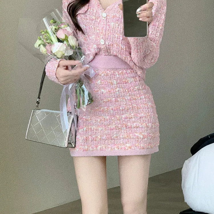 Two Piece Dress Set Sweet Cardigan Sweater + Slim Skirt Pink Elegant Y2k Mini Dress 2022 Autumn Office Lady Casual Knitted Suits