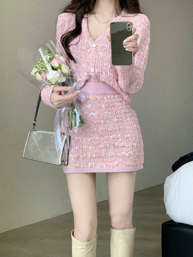 Two Piece Dress Set Sweet Cardigan Sweater + Slim Skirt Pink Elegant Y2k Mini Dress 2022 Autumn Office Lady Casual Knitted Suits