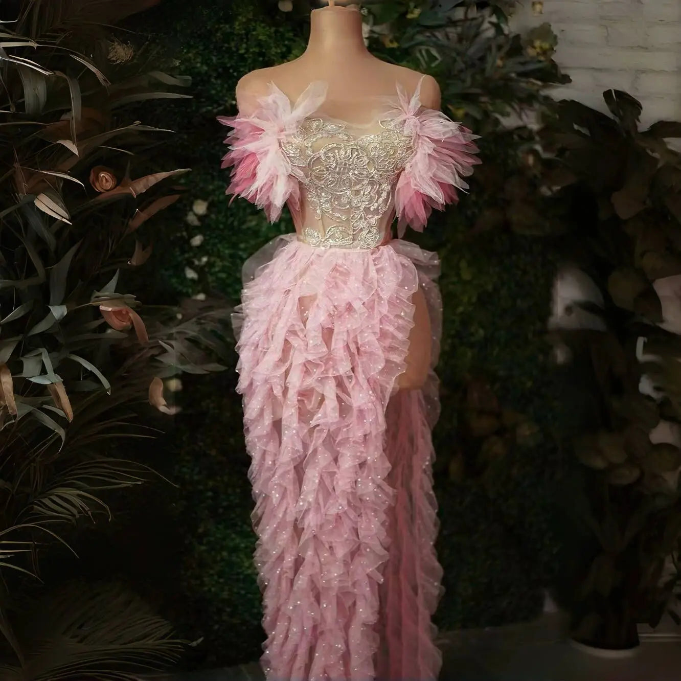 2024 New Fashion Women Sexy Strapless Ruffles 2 Pieces Bodycon Long Dress Celebrate Nightclub Party Performance Costume Pink