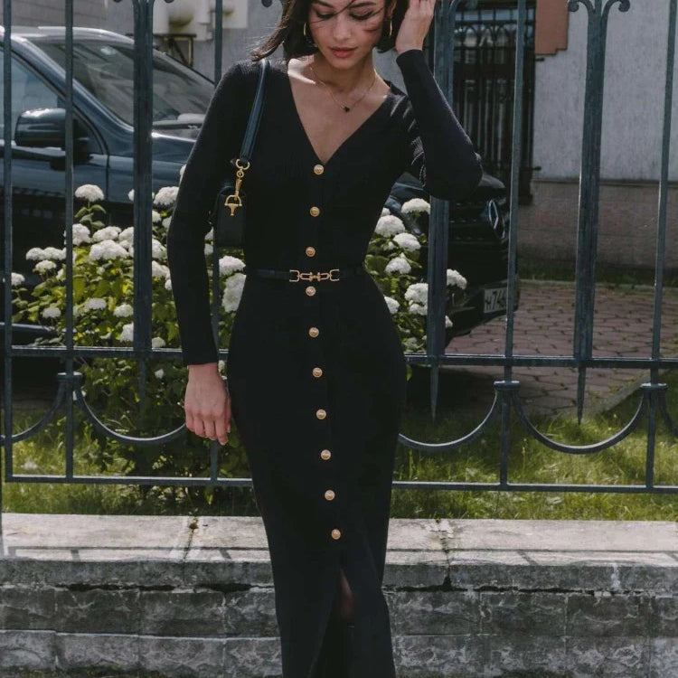 Elegant Long Sleeve Sweater Dress for Women Fashion Single Breasted Knit Maxi Dress Autumn Winter Slit Evening Party Dress 2024 Black