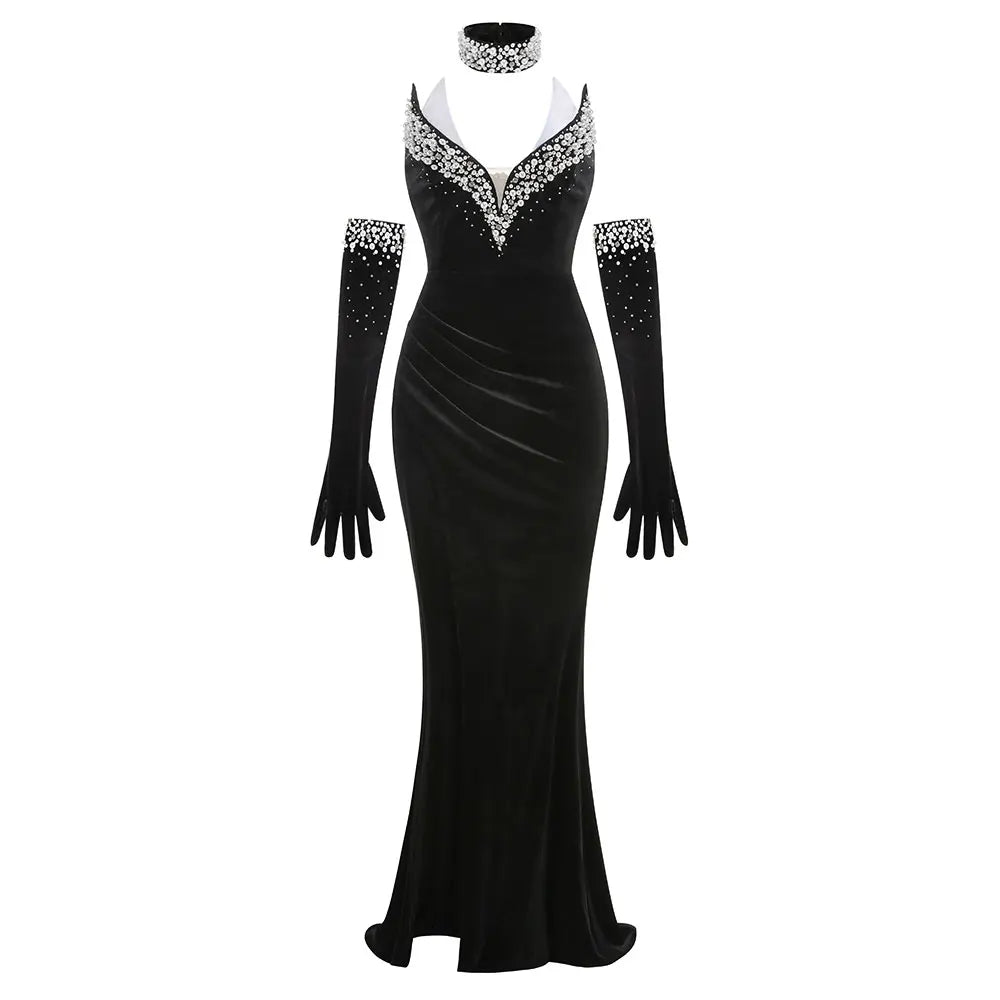 2025 Women's Light Luxury Nail Bead Design Velvet Dress+Neck+Glove Design Strapless Sleeveless Bodycon Split Body Long Dresses black