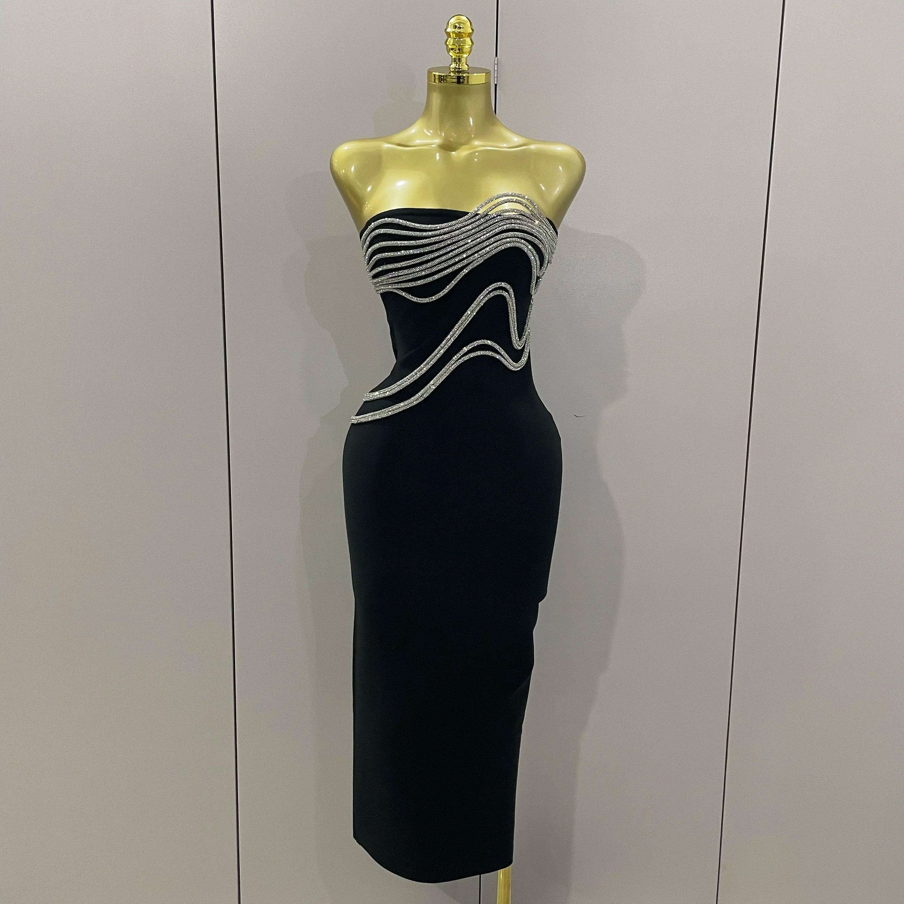 Sexy Strapless Diamond Lines Bodycon Bandage Long Dress 2025 Women Celebrity Red Carpet Elegant Evening Birthday Party Dresses