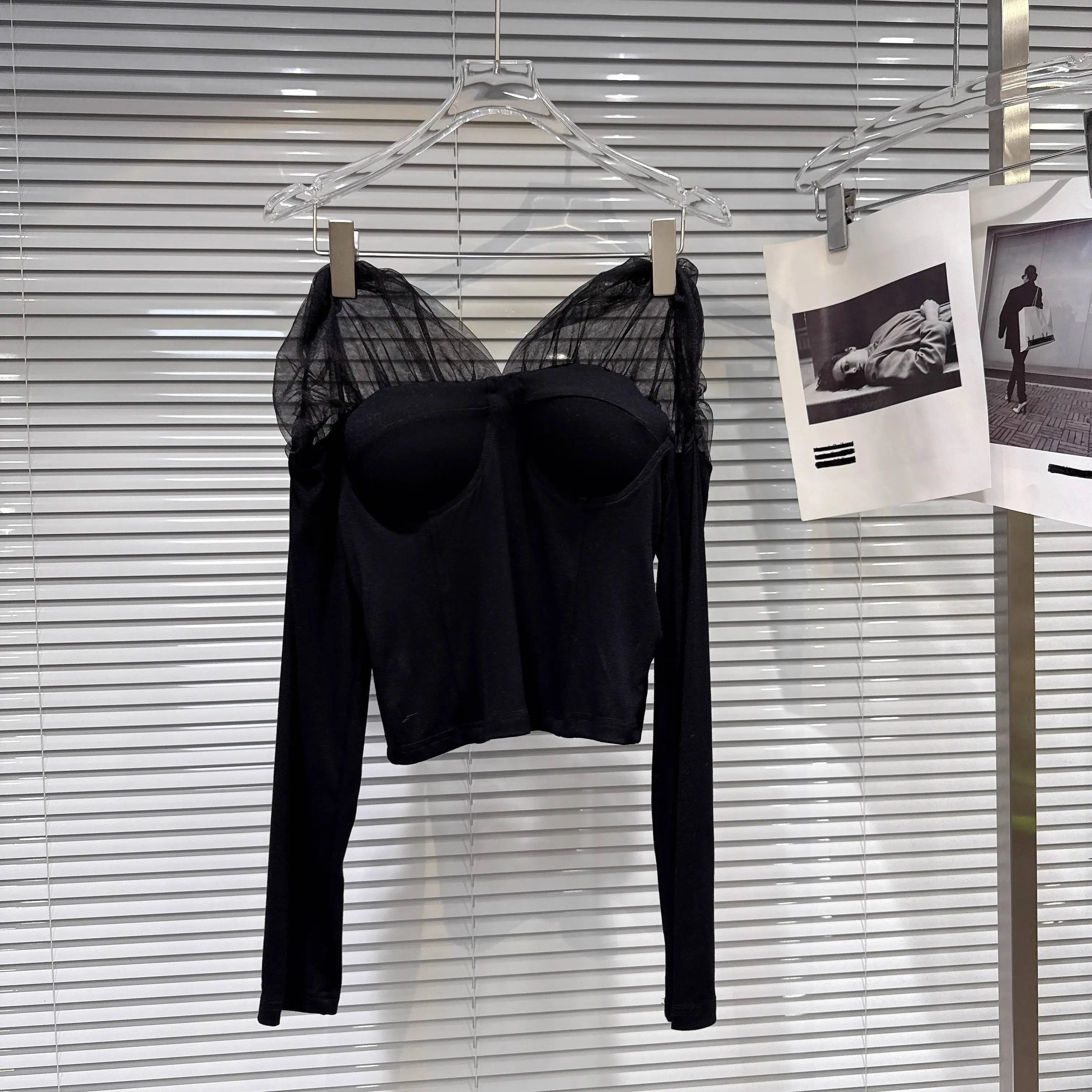 Winter New Fashion Sweet Mesh Patchwork Design Chest Pad Long Sleeve T-Shirt For Women Slim Fit Tops Female 11A07751 Black One Size