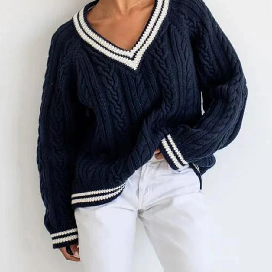 Women Cable Knitted Contrast Trim V Neck Sweaters Y2k Vintage Long Sleeve Pullover Striped Loose Preppy Jumper Top Streetwear Blue