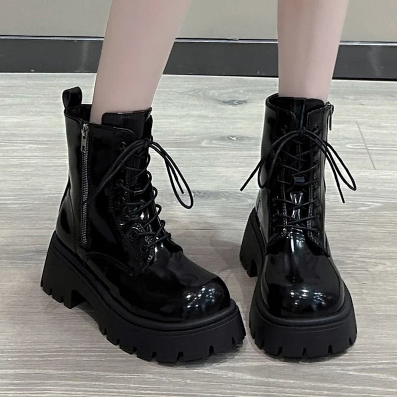 Chunky Platform Women's Ankle Boots Autumn Black Patent Leather Motorcycle Boots Woman Gothic Thick Bottom Combat Booties Black