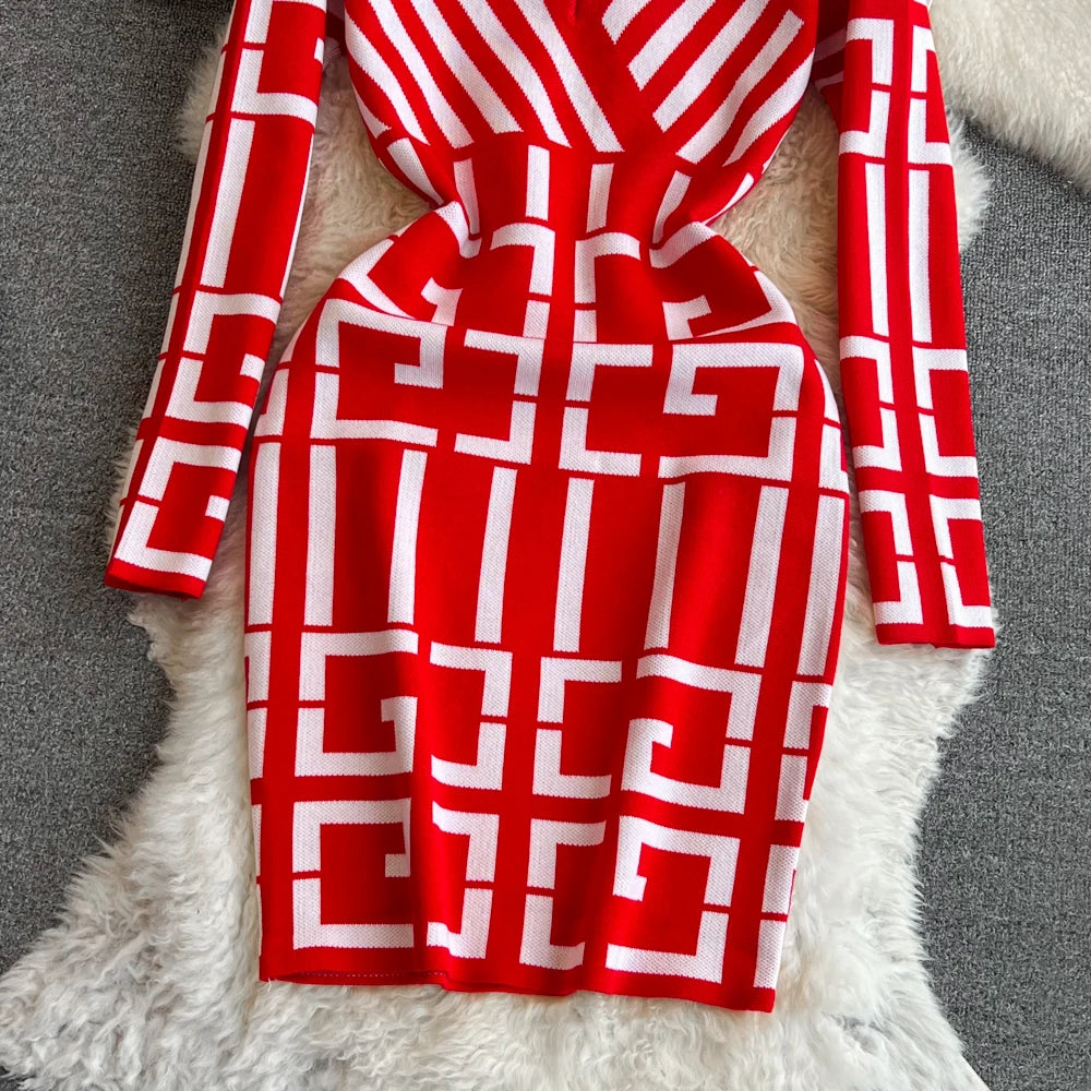 Women Dress Autumn Winter Long Sleeve Y2K Geometric Knitted Dress Lady Elegant Bodycon Sweater Dress Vestidos