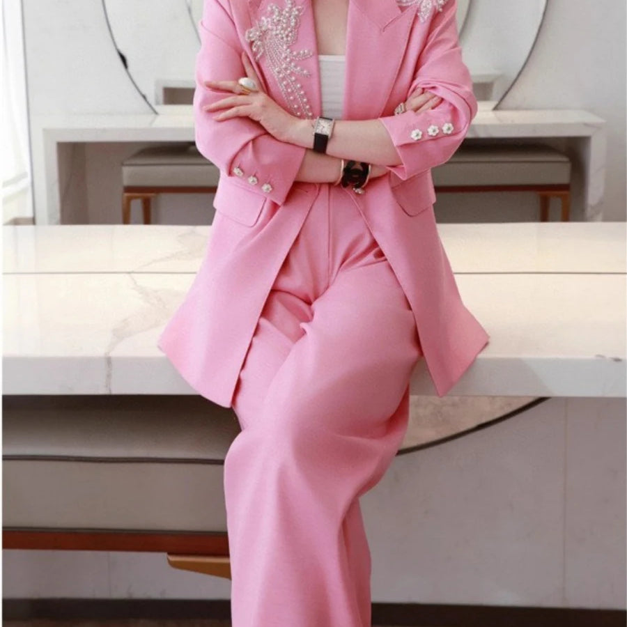 Solid Spliced Appliques Two Piece Sets for Women Lapel Long Sleeves Patchwork Button Top High Waist Pant Set Female