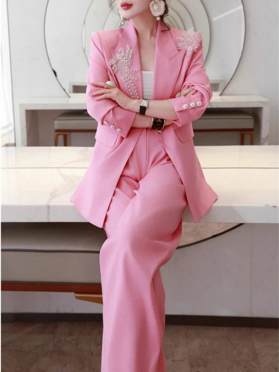 Solid Spliced Appliques Two Piece Sets for Women Lapel Long Sleeves Patchwork Button Top High Waist Pant Set Female