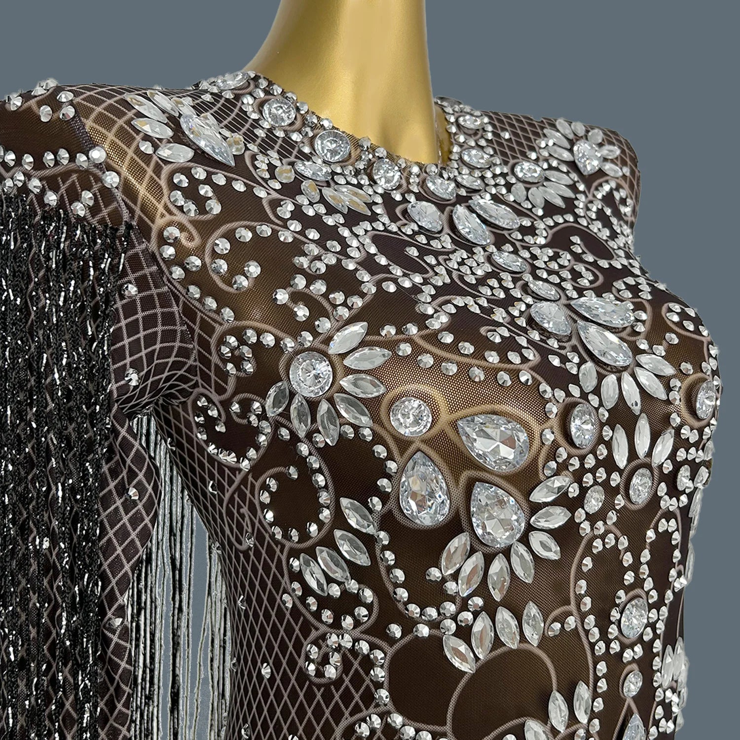 Women Shiny Chain Crystal Diamonds Dress Tassel Elastic Sexy Mini Night Club Performance Costume Birthday Party Dress Hualan