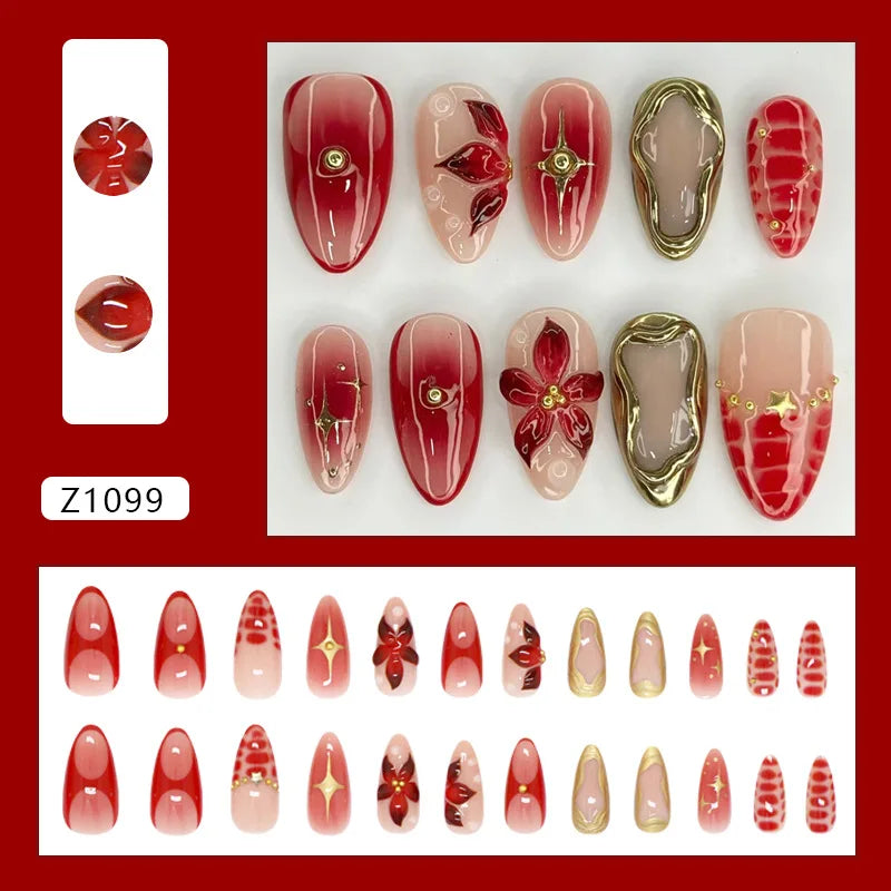 24pcs Pink Flower Press on Nails Ins Sweet Petals Print False Nails for Girl Wearable Reusable Fashion Almond Fake Nail Tips 2