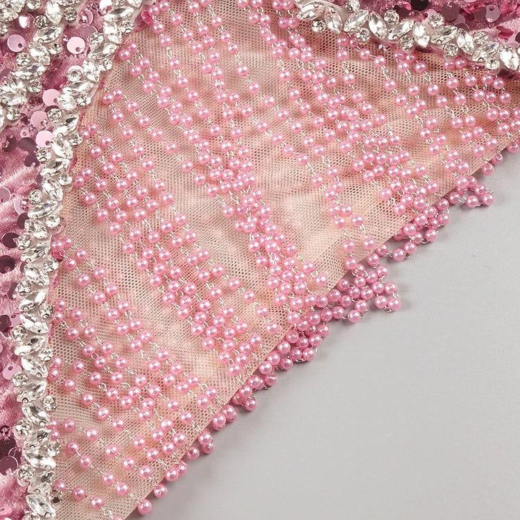 Pink Sparkly Sequins Long Dress Pearls Chains Design Off the Shoulder Long Sleeves Formal Occasion Mermaid Party Evening Gown