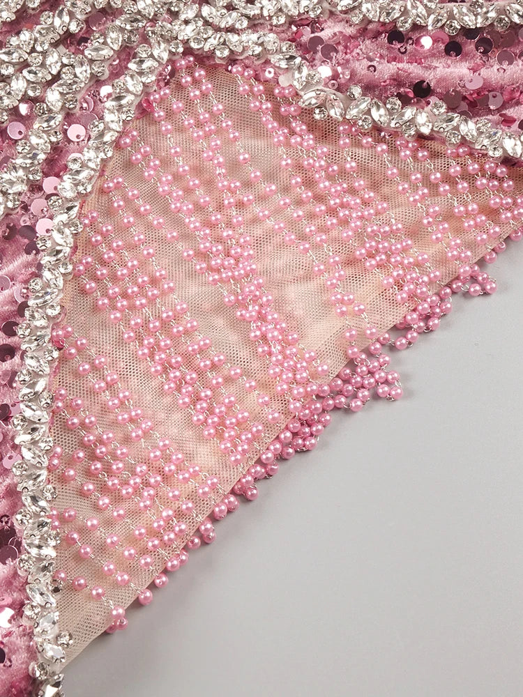 Pink Sparkly Sequins Long Dress Pearls Chains Design Off the Shoulder Long Sleeves Formal Occasion Mermaid Party Evening Gown