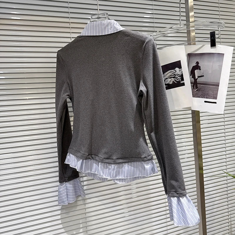 Winter New Style Rhinestone Ruffled Edge Patchwork Fake Two-Piece Shirt For Women Contrast Color Tops Female 11A07757