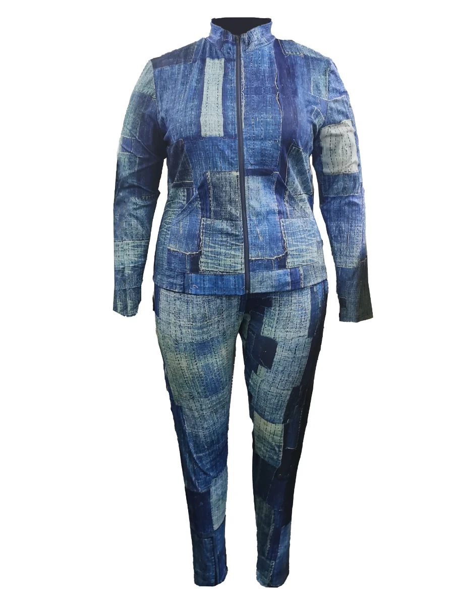 LW Plus Size Imitaton Denim Pocket Design Regular Fit Pants Set 2023 Women Autumn Winter Gradient Print Two Pieces Matching Sets