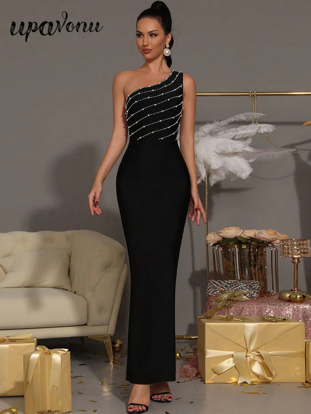 2025 Elegant Women Nail Bead Design Bandage Dress One Shoulder Sleeveless Bodycon Long Dress Cocktail Evening Club Party Vestido