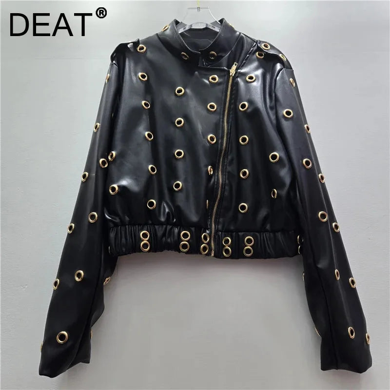 Autumn Winter New Fashion Hollow Metal Circle Stand Collar Zipper Long Sleeve Leather Jacket For Women Trendy 11A07639