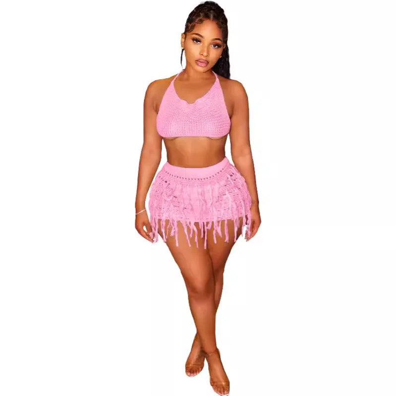 Beach Holiday Knit Crochet Tassel Women Two 2 Piece Set Outfits Bra Top and Mini Skirt Suit 2024 INS Street Dress Set Pink