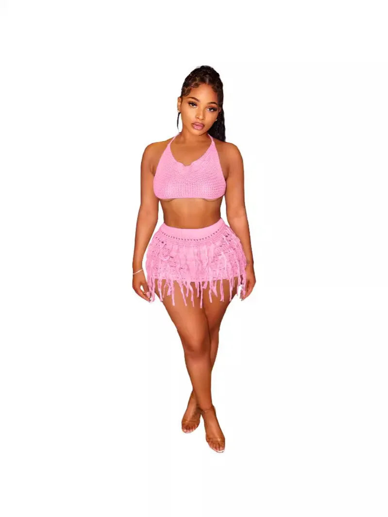 Beach Holiday Knit Crochet Tassel Women Two 2 Piece Set Outfits Bra Top and Mini Skirt Suit 2024 INS Street Dress Set Pink