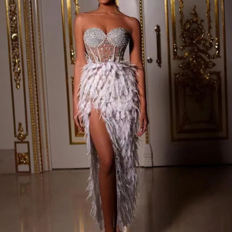 New Women Summer Sexy Strapless Backless Sequins Feather Pearl Beading Ankle Length Dress 2023 Elegant Evening Party Dress WHITE