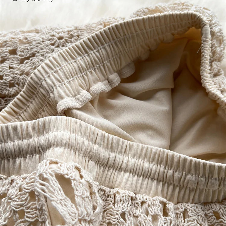 SINGREINY Fashion Knitted Two Piece Sets Halter Tassel Short Sexy Top+Hook Flower Retro Skirt Bohemian Vacation Beach Style Suit