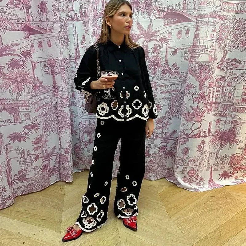 Spring Autumn Fashion Women Flower Hollow Out embroidery Pants Set Retro Lapel Long Lantern Sleeve Shirt Suit Streetwear