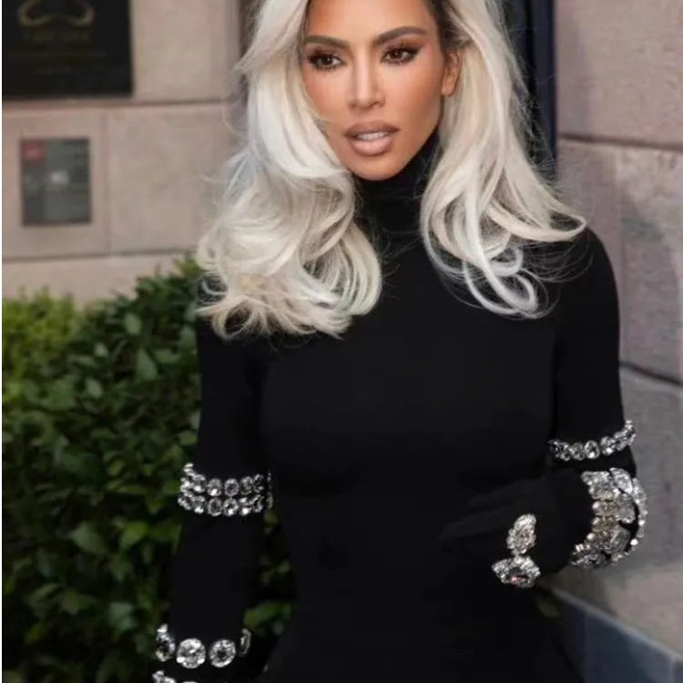 Celebrity Red Carpet Jumpsuit Women Long Sleeve Sexy Big Crystal Bodycon Bandage Jumpsuit Nightclub Party Celebrate Wear