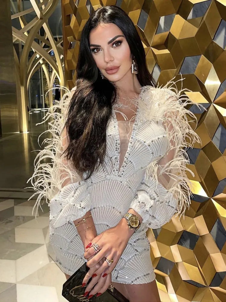 Women Summer Sexy Long Sleeve Beige Sequins Mesh Pearl Feather Mini Bodycon Gowns Dress 2023 Elegant Evening Party Club Dress Beige